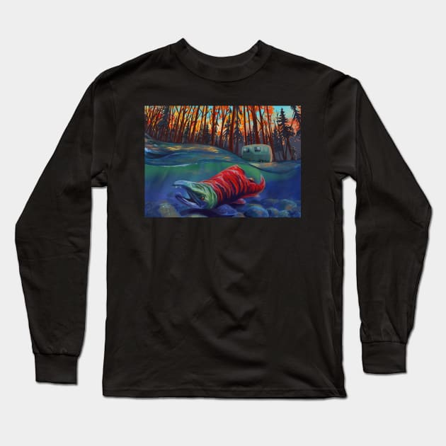 Salmon fishing nature scene Long Sleeve T-Shirt by SFDesignstudio